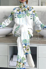 Casual Street Floral Print Contrast Turtleneck Long Sleeve Two Pieces(5 Colors)