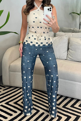 Casual Plaid Lace Up Contrast Halter Sleeveless Two Pieces