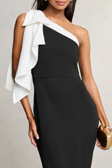 Elegant Patchwork Contrast Oblique Collar Long Dresses