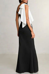 Elegant Patchwork Contrast Oblique Collar Long Dresses