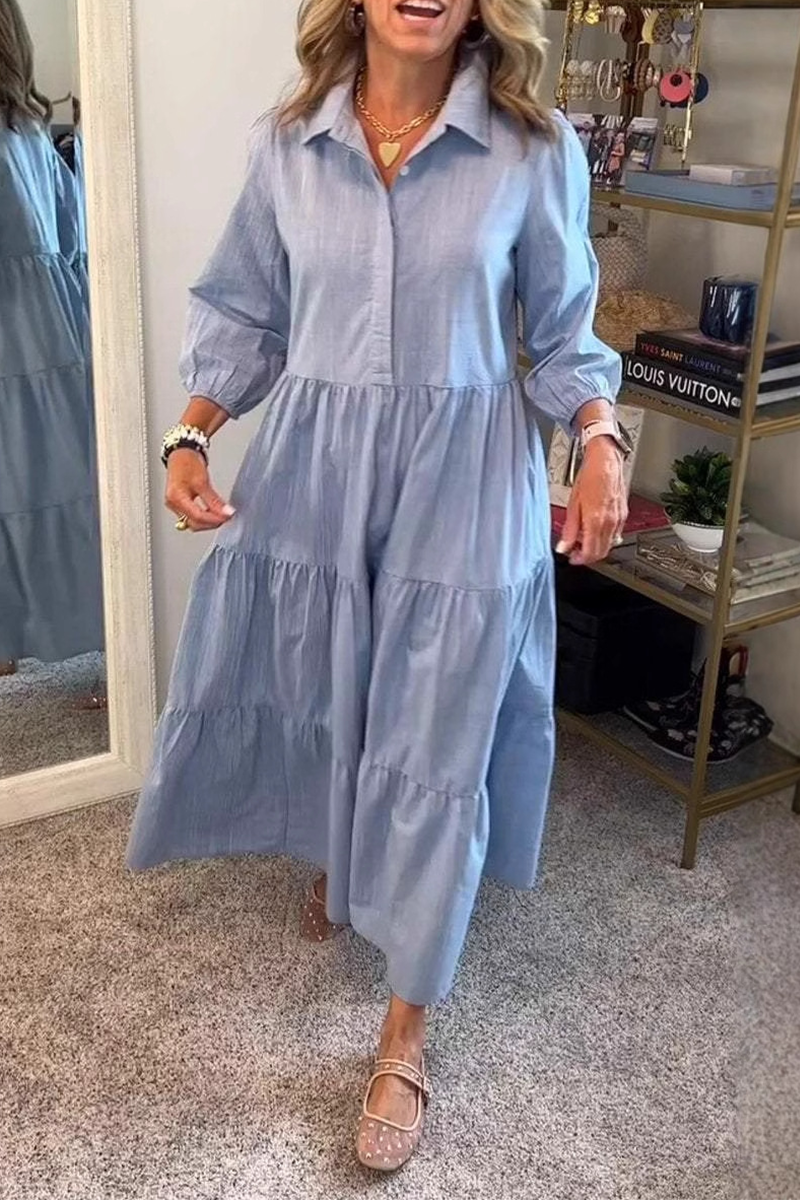 Casual Buttons Ruffle Turndown Collar A Line Dresses(6 Colors)