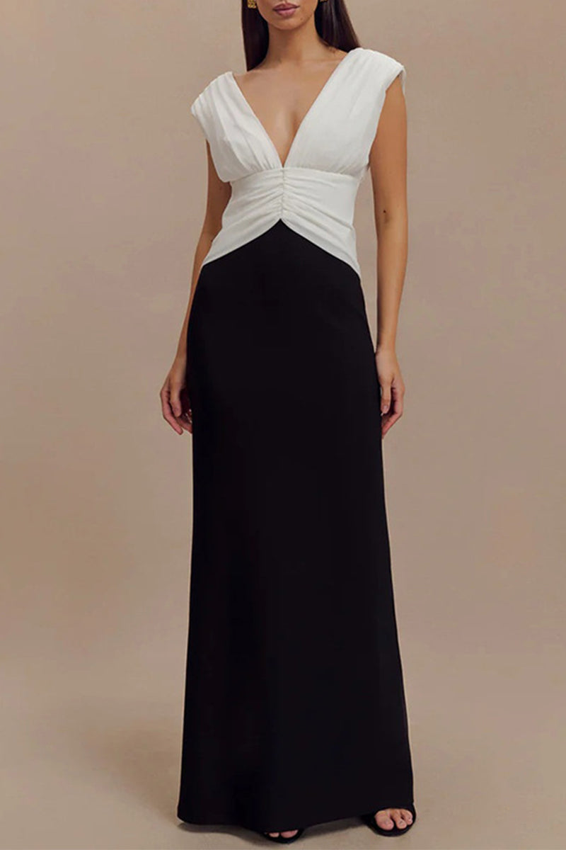 Sexy Solid Color Backless Ruched Contrast V Neck Long Dresses