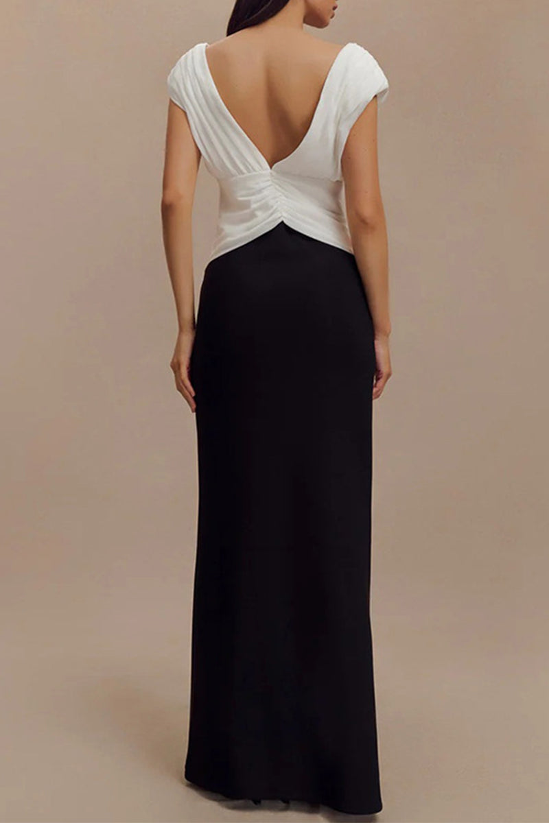 Sexy Solid Color Backless Ruched Contrast V Neck Long Dresses