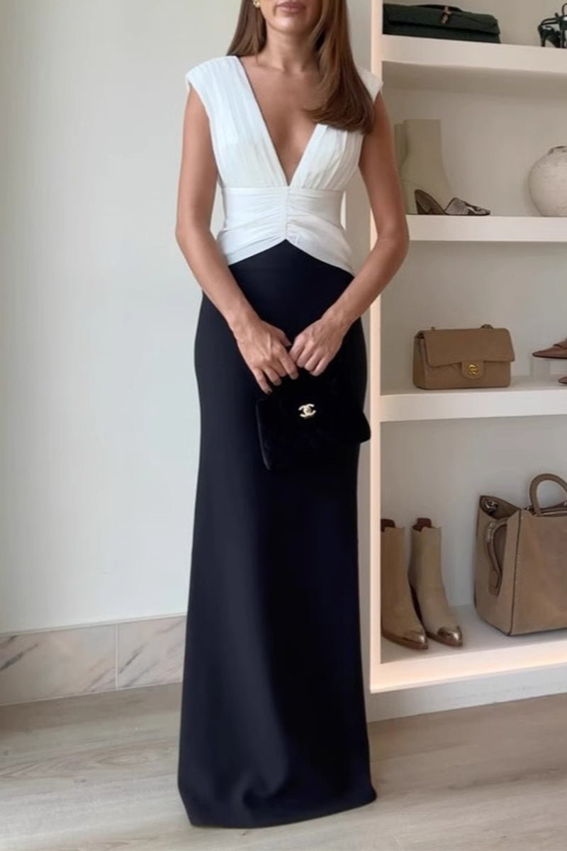 Sexy Solid Color Backless Ruched Contrast V Neck Long Dresses
