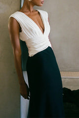 Sexy Solid Color Backless Ruched Contrast V Neck Long Dresses