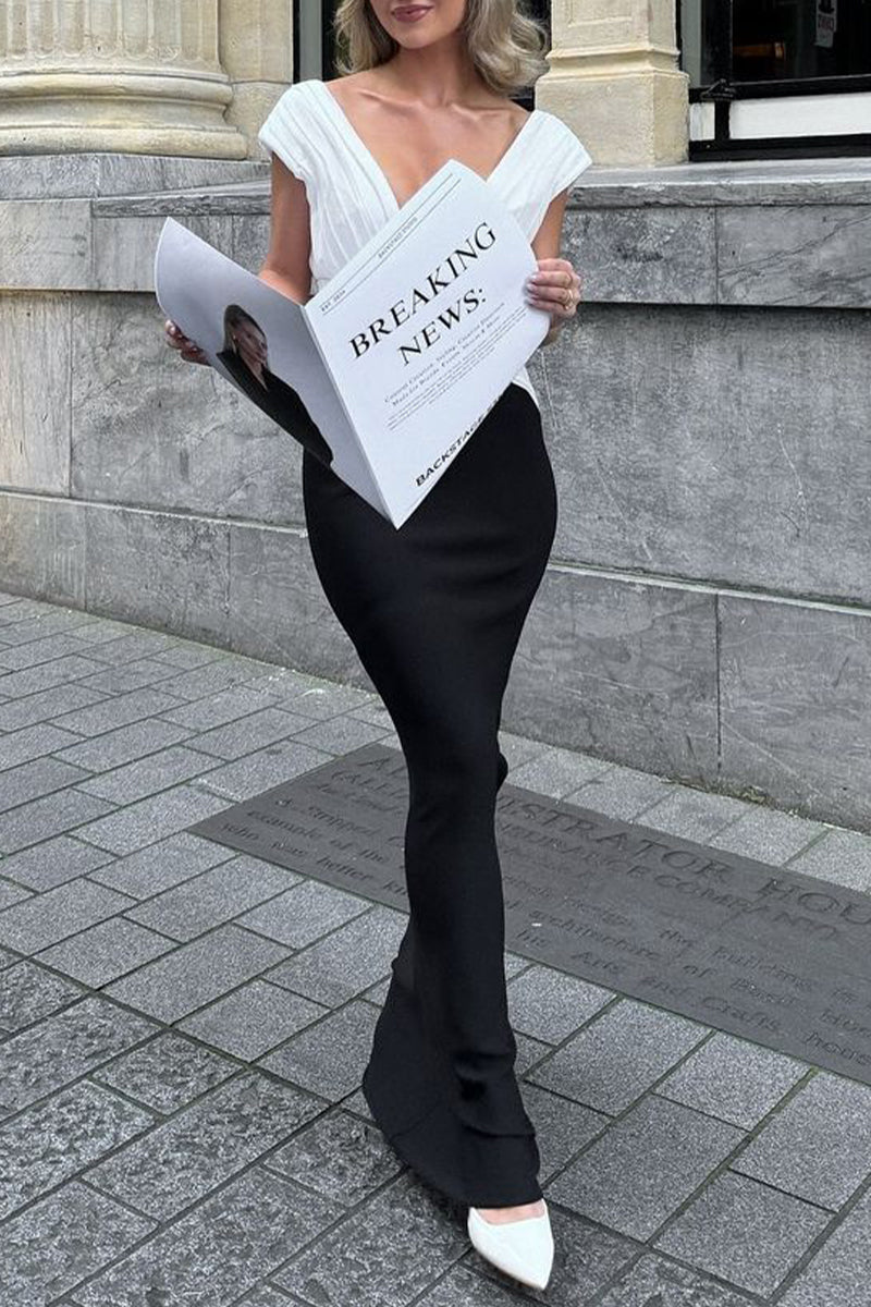 Sexy Solid Color Backless Ruched Contrast V Neck Long Dresses