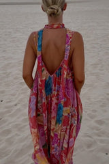 Sexy Vacation Floral Print Backless Contrast V Neck Printed Dresses