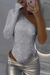 Sexy Sequins Sequined Sloping Shoulder Skinny Bodysuits(6 Colors)