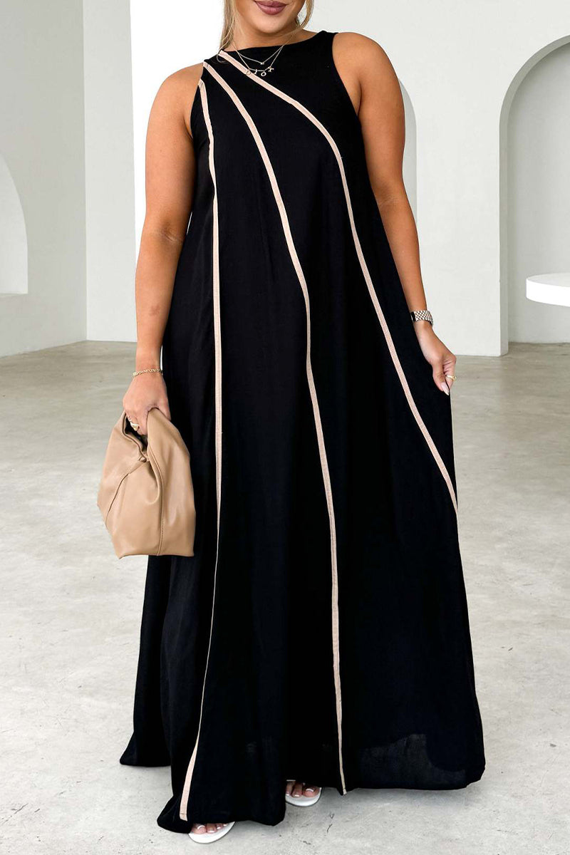 Casual Stripe Patchwork Contrast O Neck Sleeveless Dresses