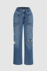 Street Ripped Distressed Pocket Mid Waist Denim Jeans