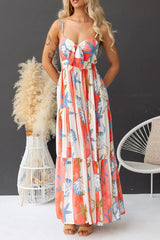 Vacation Graffiti Print Lace Up Contrast V Neck Sling Dresses