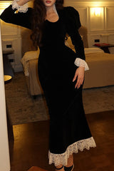 Elegant Lace Patchwork Velvet Square Neck Wrapped Skirt Dresses