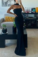 Sexy Solid Color Patchwork Halter Long Dresses