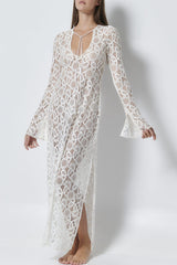 Sexy Solid Color Lace Up See-Through Slit V Neck Long Sleeve Dresses