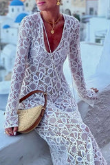 Sexy Solid Color Lace Up See-Through Slit V Neck Long Sleeve Dresses