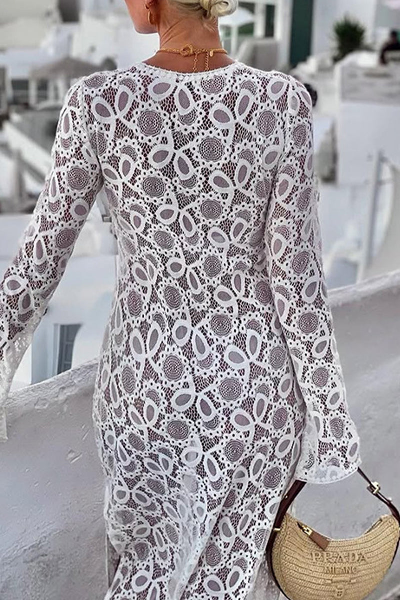 Sexy Solid Color Lace Up See-Through Slit V Neck Long Sleeve Dresses