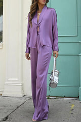 Casual Lace Up Turndown Collar Long Sleeve Two Pieces