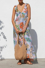 Vacation Geometric Print Flowers Contrast V Neck Long Dresses