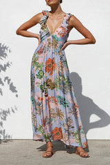 Vacation Geometric Print Flowers Contrast V Neck Long Dresses