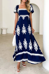 Casual Geometric Print Pocket Contrast Square Neck A Line Short Sleeve Dress