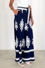 Casual Striped Print Pocket Lace Up Loose High Waist Straight Full Print Bottoms