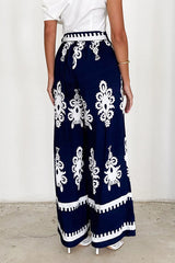 Casual Striped Print Pocket Lace Up Loose High Waist Straight Full Print Bottoms