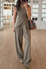 Casual Solid Color Buttons V Neck Sleeveless Two Pieces