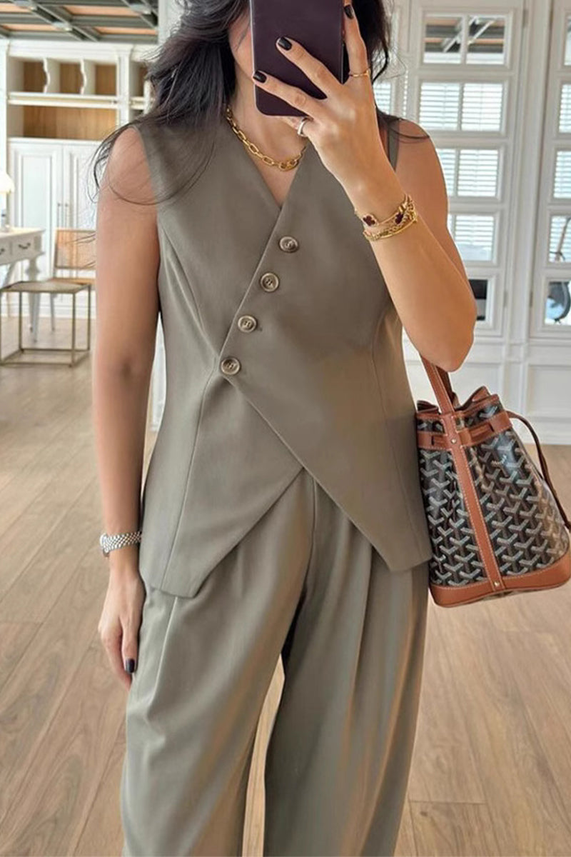 Casual Solid Color Buttons V Neck Sleeveless Two Pieces