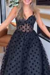 Sexy Polka Dot Mesh Zipper V Neck Evening Dresses