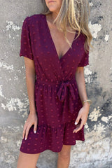 Casual Lace Up Fur Ball Flounce V Neck A Line Short Sleeve Dress