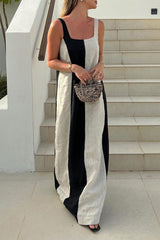 Casual Stripe Patchwork Contrast Square Neck One Step Skirt Dresses