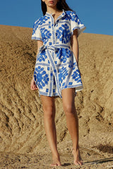 Casual Colorblock Print Lace Up Buttons Contrast Mandarin Collar Short Sleeve Short Sleeve Dress