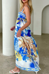 Boho Floral Print Pocket Contrast Square Neck Sling Dresses