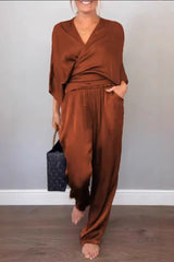 Casual Pocket V Neck Three Quarter Two Pieces(7 Colors)