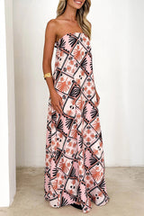 Vacation Floral Print Zipper Contrast Strapless Long Dresses