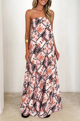 Vacation Floral Print Zipper Contrast Strapless Long Dresses