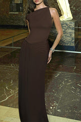 Sexy Solid Color Irregular Pleated Oblique Collar Irregular Dresses