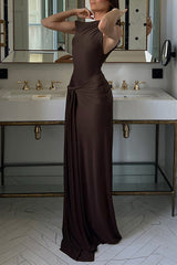 Sexy Solid Color Irregular Pleated Oblique Collar Irregular Dresses