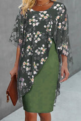 Elegant College Floral Flounce Asymmetrical O Neck Half Sleeve Two Pieces(3 Colors)