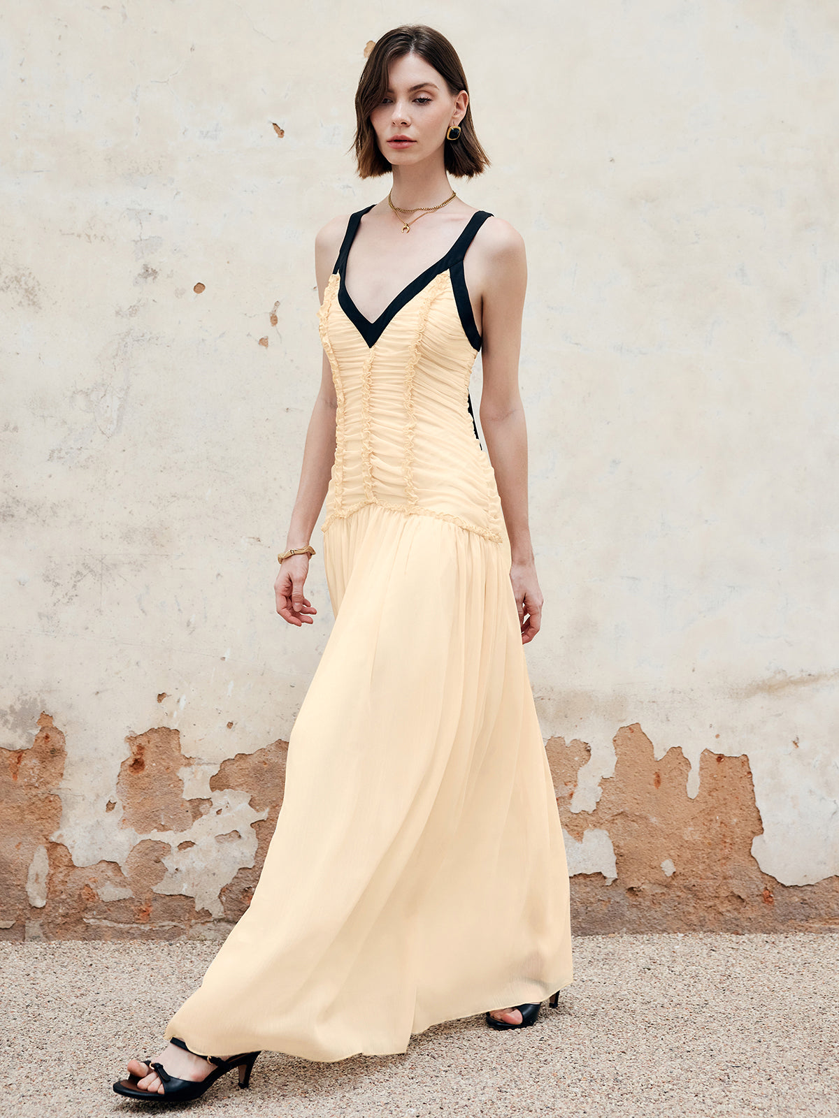 Contrast Binding Pleated Long Dress