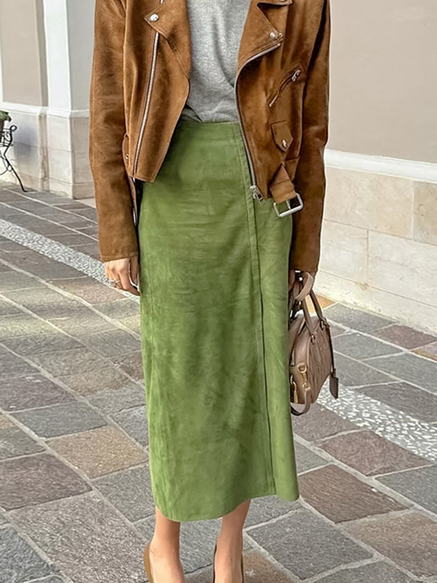 Suede Slit Zipper Skirt