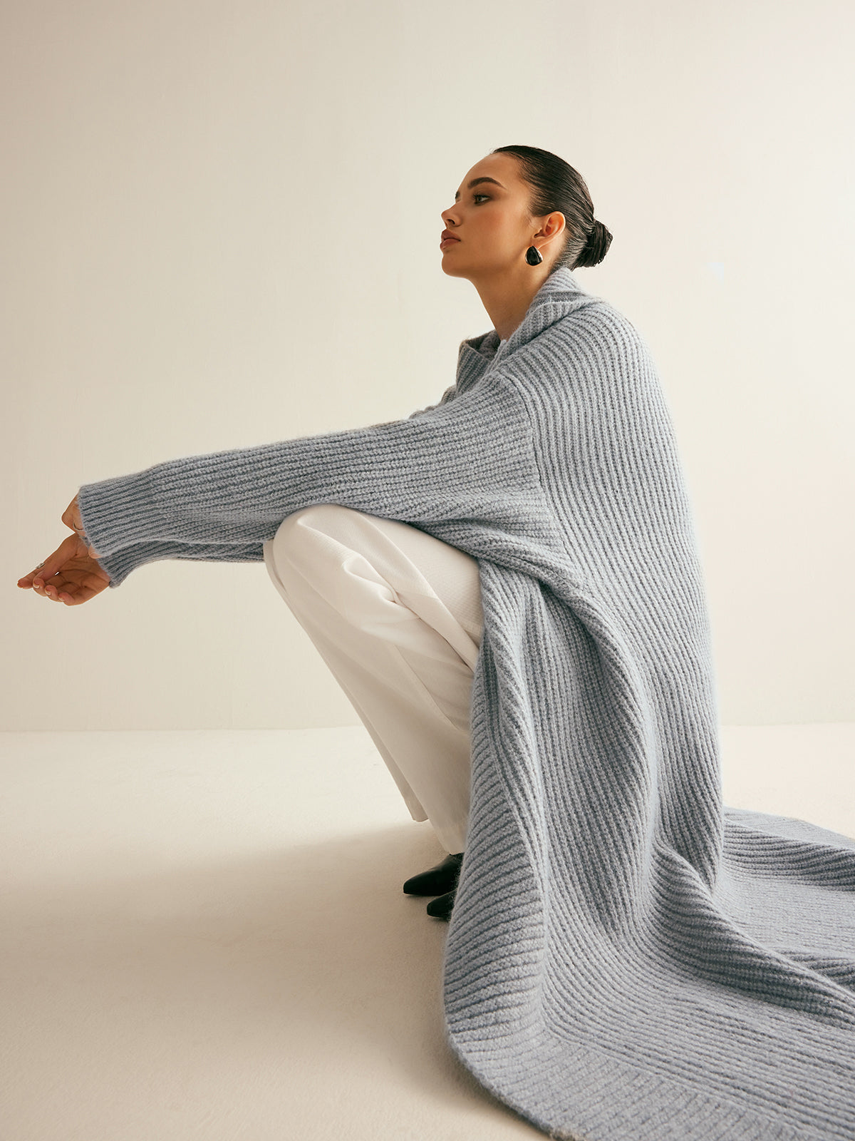 Lapel Scarf Ribbed Long Cardigan