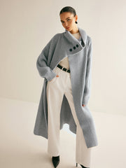 Lapel Scarf Ribbed Long Cardigan