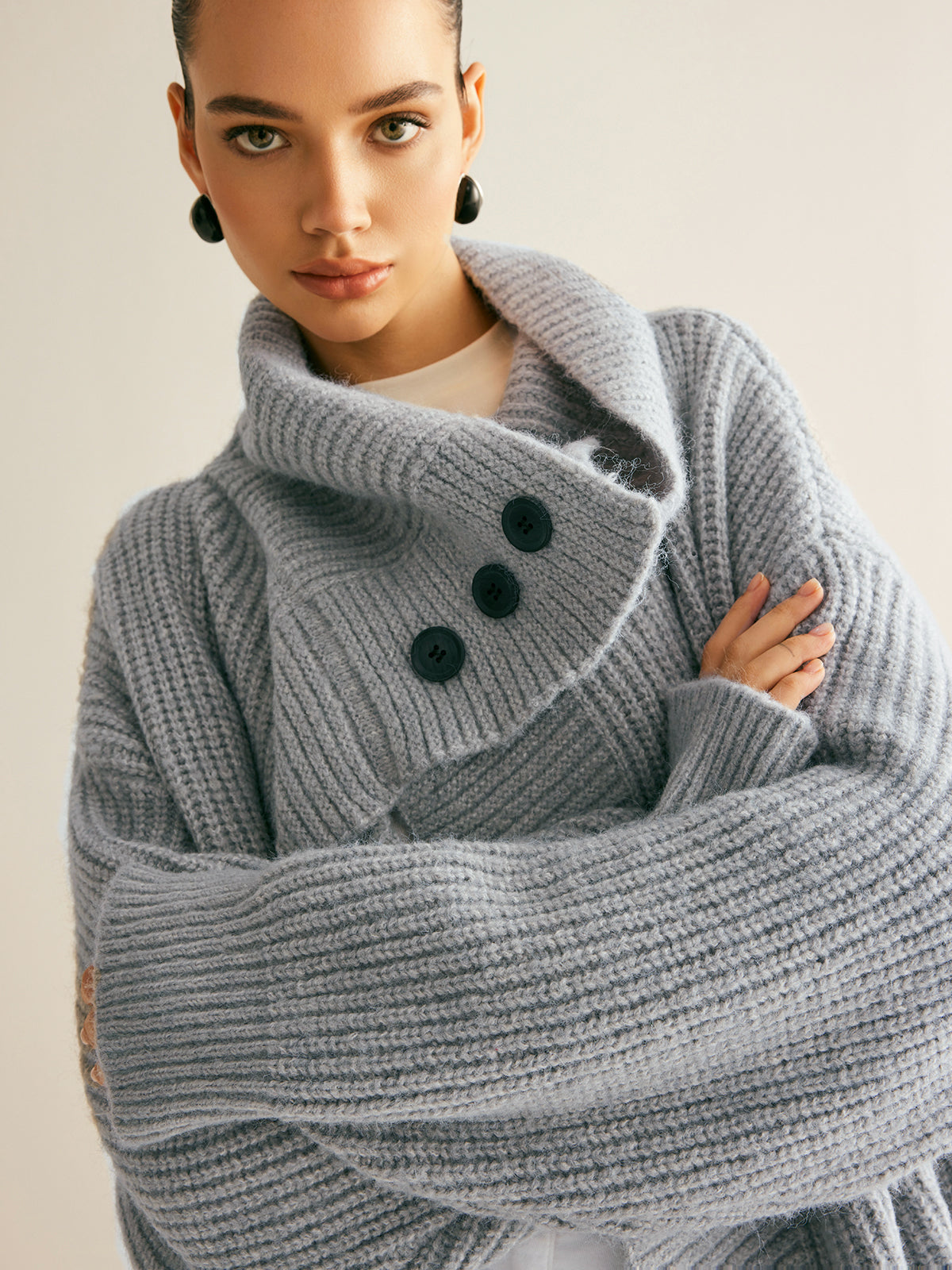 Lapel Scarf Ribbed Long Cardigan