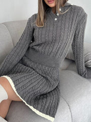 Contrast Trim Cable-Knit Lapel Skirt Set