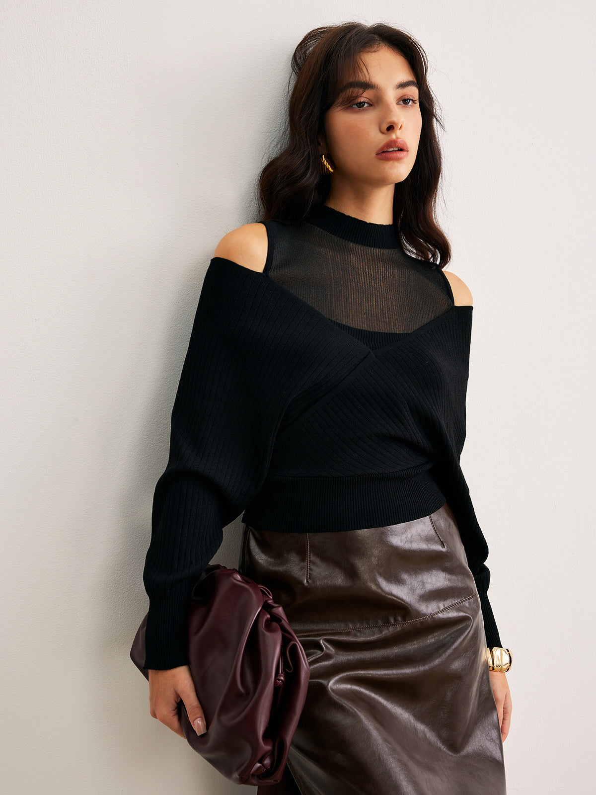 2 in 1 Cold-Shoulder Knit Top