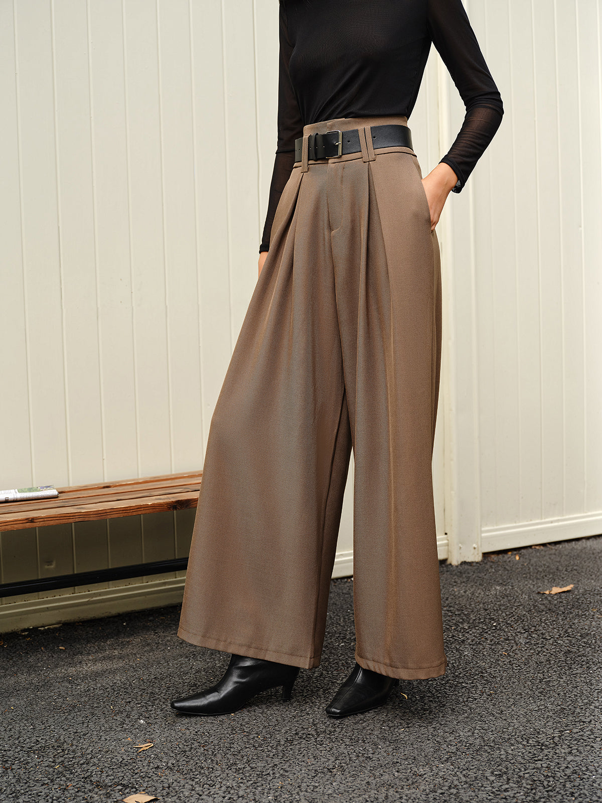 Wide-Leg Pleated Belted Pants