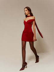 Straight Neck Ribbon Pleated Short Dress
