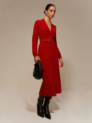 V-Neck Long Sleeve Belted Sweater Dress