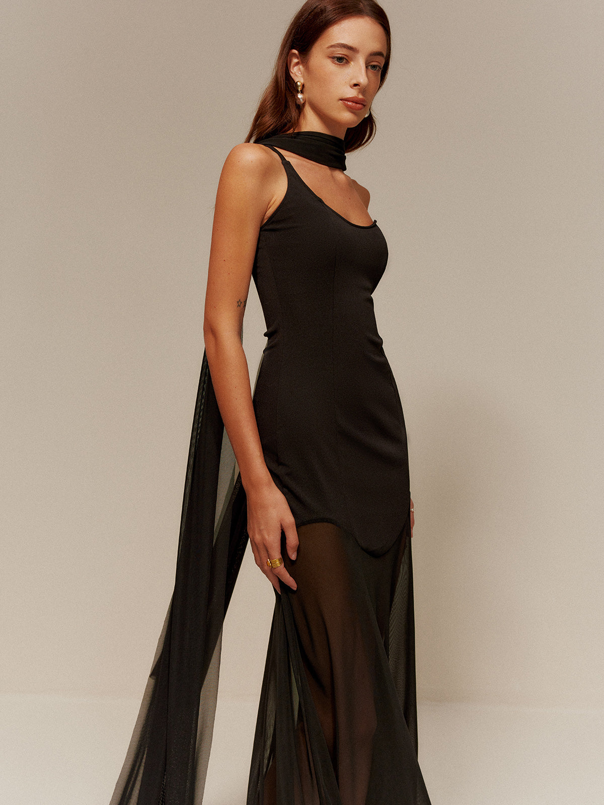 One Strap Long-Ribbon Chiffon Dress